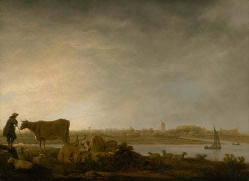 A View of Vianen with a Herdsman and Cattle by a River — Canvas