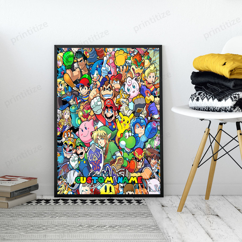 Personalized Custom Name Super Mario Smash Bros Characters Portrait Poster